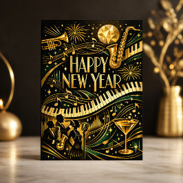 Tarjeta Festiva Oro Glamuroso Jazz Art Déco Año Nuevo