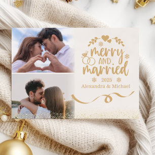 Tarjeta Festiva Oro Glitter Horizontal 2 Foto Feliz y Casado
