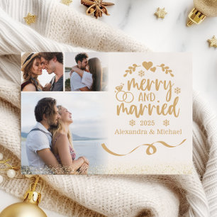 Tarjeta Festiva Oro Glitter Horizontal 3 Foto Alegre y Casada