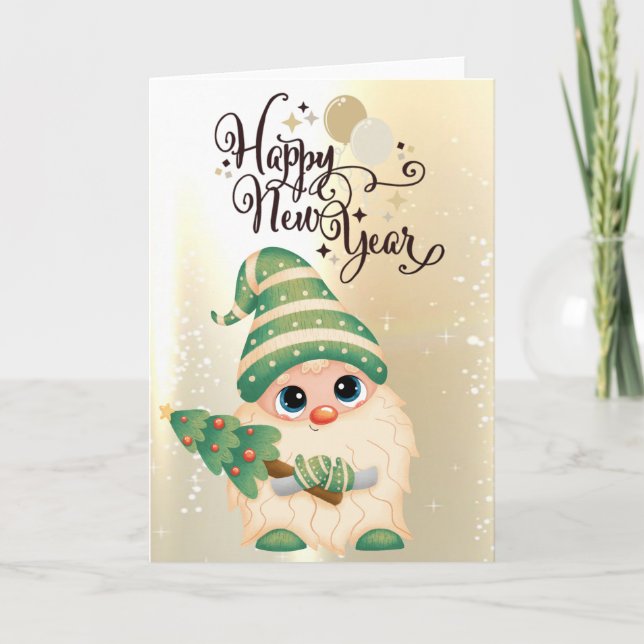 Tarjeta Festiva Oro Gnome Cuaderno,Vacaciones en árbol de pino (Anverso)