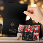 Tarjeta Festiva Oro JOYFUL 5 Foto Navidades negros doblados<br><div class="desc">Las tarjetas de vacaciones de Navidades multifotográficos incluyen sus nombres y la palabra Joyful en letras doradas de moda en una cuadrícula negra única alrededor de sus fotos en el frente y su saludo y personalización en el interior. Seleccione Alta Definición para obtener la mejor calidad de las fotos.</div>