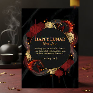 Tarjeta Festiva Oro Negro 2026 Caballo Año Nuevo Lunar Chino