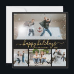Tarjeta Festiva Oro negro simple 4 Collage de fotos feliz<br><div class="desc">Elegante caligrafía, Minimalista negro y dorado 4 Collages de fotos Feliz Holiday Script Card. Esta festividad, simple tarjeta de cuatro (4) Navidades de fotos de vacaciones incluye un collage de fotos de bonitos y dice "¡Felices Fiestas!" El texto de saludo de "Felices Fiestas" está escrito en un hermoso tipo de...</div>