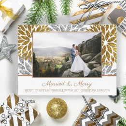 Tarjeta Festiva Oro Plata Brillo Foto Recién Casados Casados Feliz