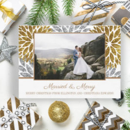 Tarjeta Festiva Oro Plata Brillo Foto Recién Casados Casados Feliz