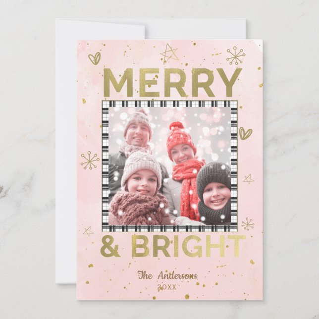 Tarjeta Festiva Oro rosado MERRY & BRIGHT Holiday Doodle Foto (Anverso)