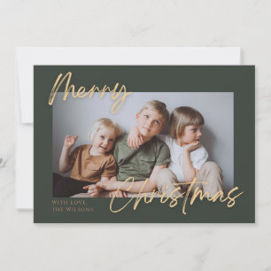 Tarjeta Festiva Oro verde simple foto Merry Christmas