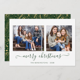 Tarjeta Festiva Oro Verde Simple Script Merry Christmas Photo