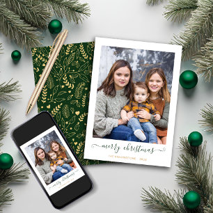 Tarjeta Festiva Oro Verde Simple Script Merry Christmas Photo