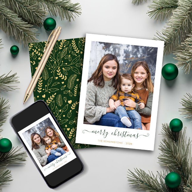 Tarjeta Festiva Oro Verde Simple Script Merry Christmas Photo (Green Gold Simple Script Merry Christmas Photo Holiday Card)