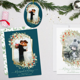 Tarjeta Festiva Oro y Holly casados y moras | Foto geométrica