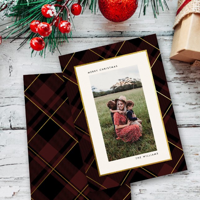 Tarjeta Festiva Oro y tartán rojo oscuro Fotos navideñas merry (Subido por el creador)