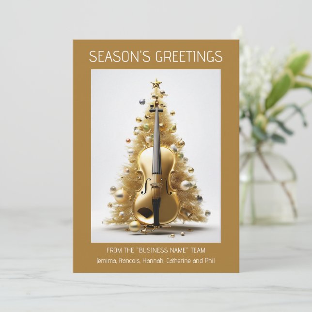Tarjeta Festiva Orquesta cello christmas árbol de oro elegante fot (Anverso de pie)
