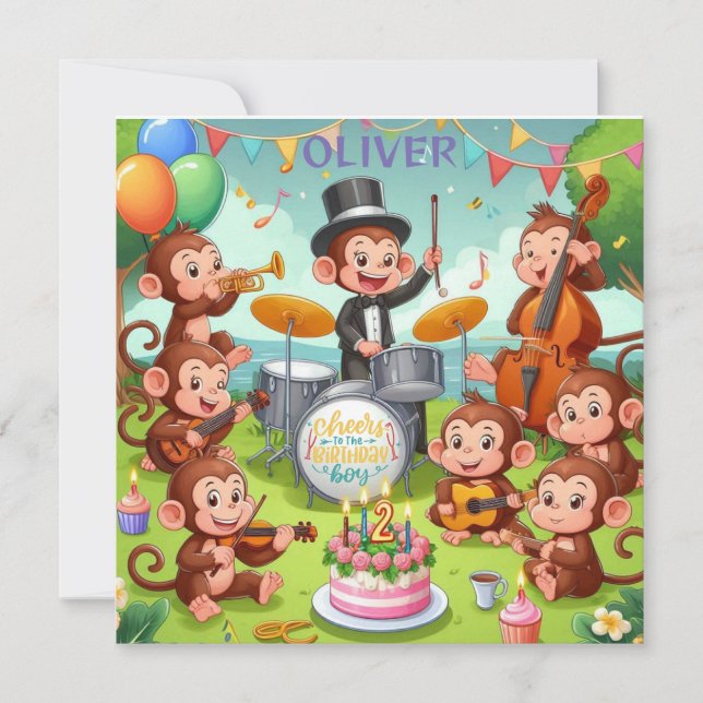 Tarjeta Festiva orquesta de monos lindos niño de 2 años de edad Ba (Anverso)