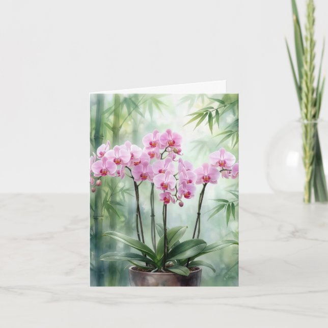 Tarjeta Festiva Orquídeas rosadas con bambúes (Anverso)