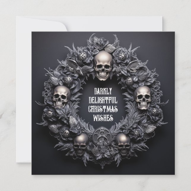 Tarjeta Festiva Oscuramente Delight Gótico Skull Wreath Xmash Wish (Anverso)