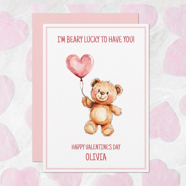 Tarjeta Festiva Osito de peluche adorable niños rosa feliz día de  (Teddy Bear Cute Kids Pink Happy Valentine's Day Holiday Card)