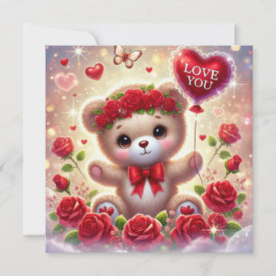 Tarjeta Festiva Osito de San Valentín con globo rojo te amo
