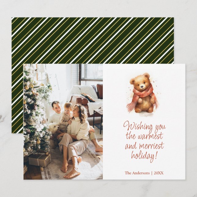 Tarjeta Festiva Oso acuático lindo con foto de Navidades de bufand (Anverso / Reverso)