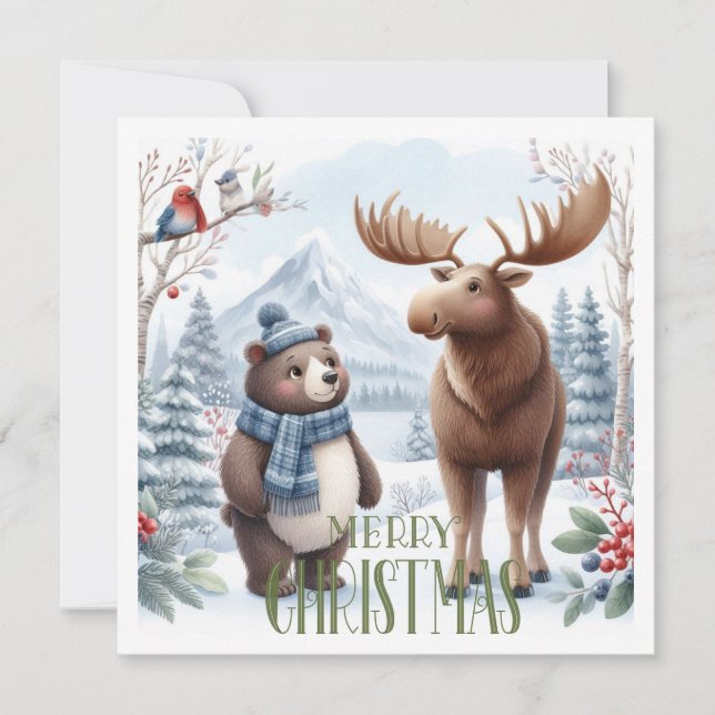 Tarjeta Festiva Oso, ciervo y aves en la naturaleza (Anverso)