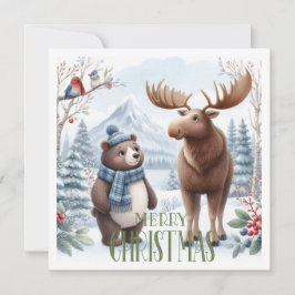 Tarjeta Festiva Oso, ciervo y aves en la naturaleza