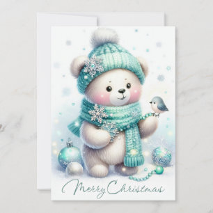 Tarjeta Festiva Oso copo de nieve y amuleto de cuentas turquesas