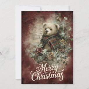 Tarjeta Festiva Oso de Cuadros y Corona de Poinsettia
