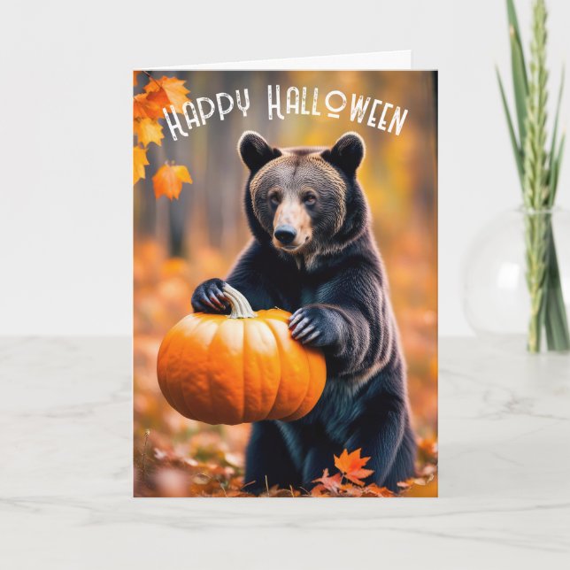 Tarjeta Festiva Oso De Halloween Con Calabaza (Anverso)