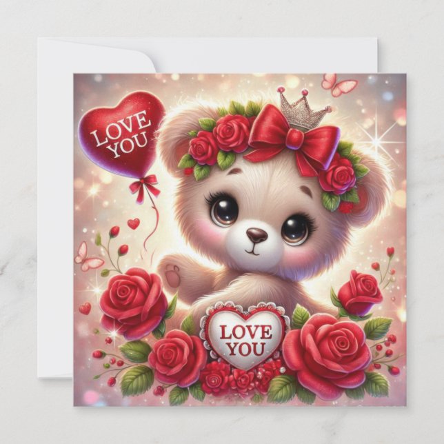 Tarjeta Festiva Oso de peluche caprichoso del día de San Valentín  (Anverso)
