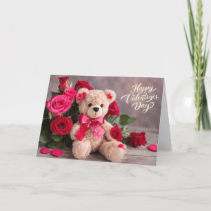 Tarjeta Festiva Oso de peluche del día de San Valentín con rosas