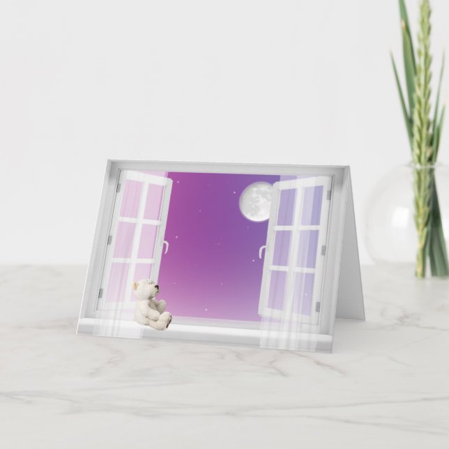 Tarjeta Festiva Oso de peluche en la ventana pensando en ti (Anverso)