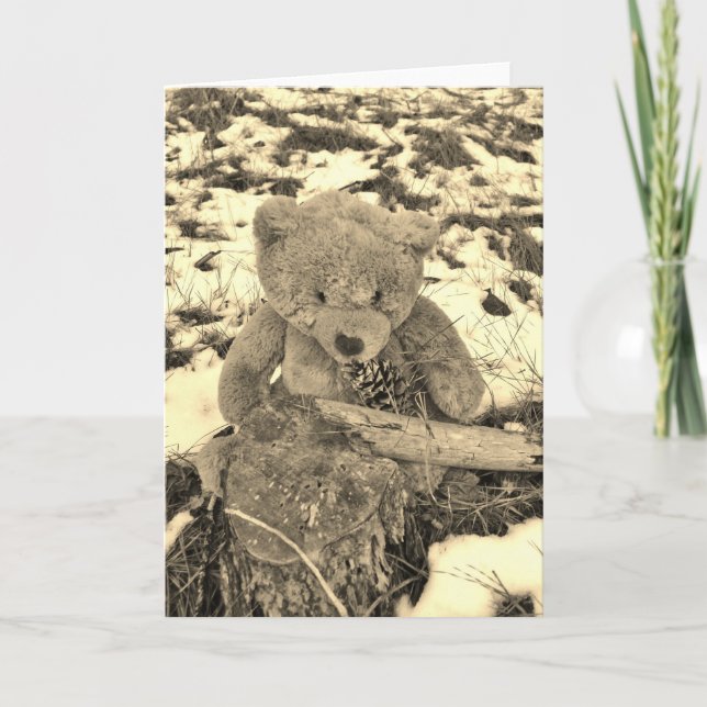 Tarjeta Festiva Oso de peluche en tono holly, sepia (Anverso)