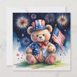 Tarjeta Festiva Oso de peluche patriótico del 4 de julio acuarela