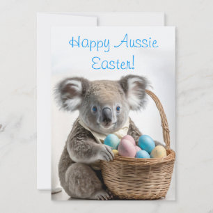 Tarjeta Festiva Oso koala sosteniendo una cesta con huevos de Pasc