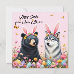 Tarjeta Festiva Oso negro y lobo gris con orejas de conejo