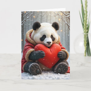 Tarjeta Festiva Oso Panda Abrazando una Almohada Roja en Forma de 
