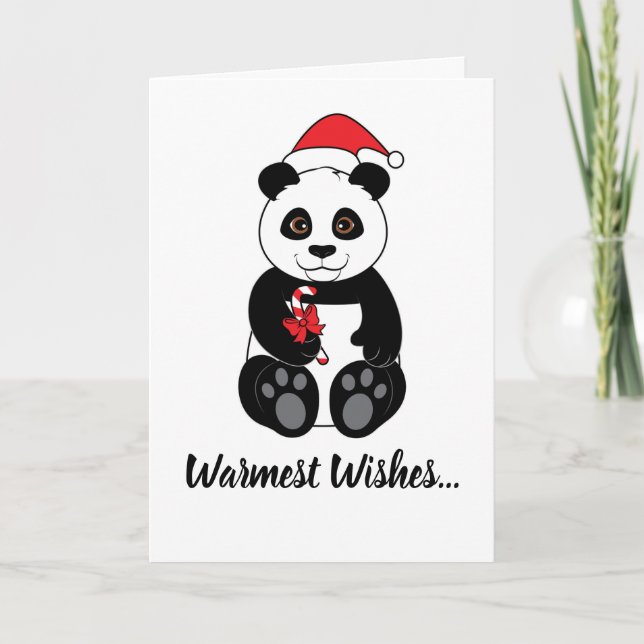 Tarjeta Festiva Oso Panda comiendo un bastón de caramelo en Navida (Anverso)