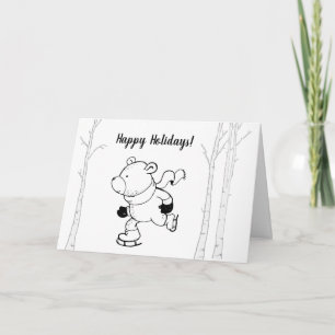 Tarjeta Festiva Oso patinando con tinta negra retro árboles de abe