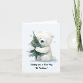 Tarjeta Festiva Oso Polar Adorable Abrazando árbol de Navidad, lin