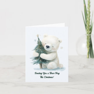 Tarjeta Festiva Oso Polar Adorable Abrazando Árbol de Navidad, Lin