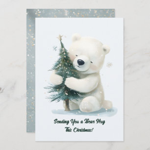 Tarjeta Festiva Oso Polar Adorable Abrazando árbol de Navidad, lin