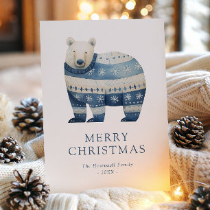 Tarjeta Festiva Oso Polar Azul Cute Acuarela