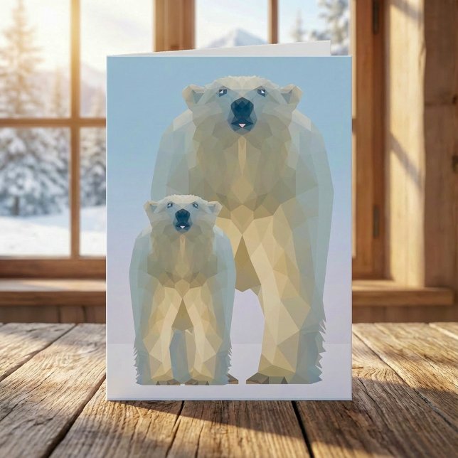 Tarjeta Festiva Oso polar bajo y suave con bebé (Cute low poly Polar bear with baby Holiday Card)