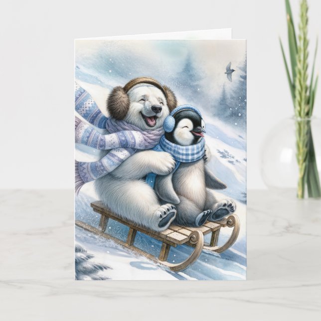 Tarjeta Festiva Oso Polar con un pingüino (Anverso)