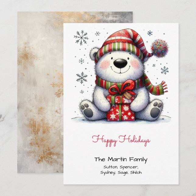Tarjeta Festiva Oso Polar Dulce en Santa Hat Happy (Anverso / Reverso)