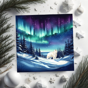 Tarjeta Festiva Oso Polar hipnotizado por las luces del norte