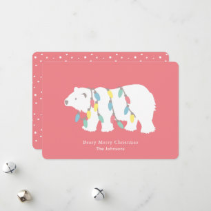 Tarjeta Festiva Oso Polar, oso, moras, luces navideñas rosadas