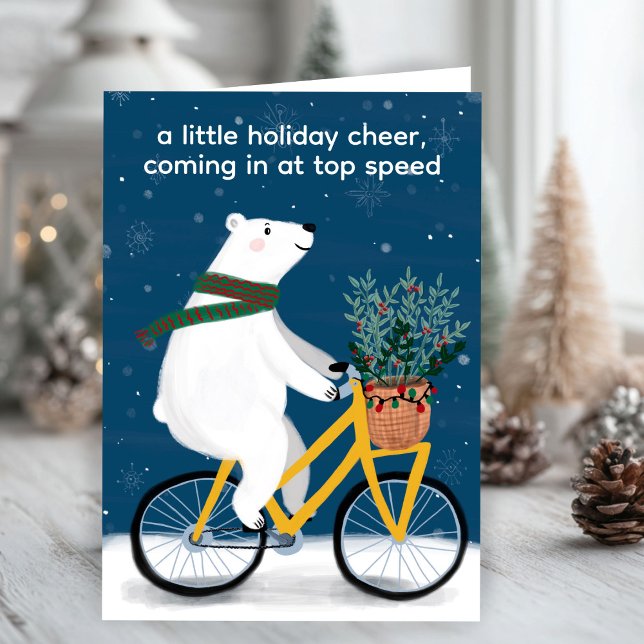 Tarjeta Festiva Oso polar sobre curioso Personalizado de Navidades (Polar Bear on Bike Funny Cute Christmas Custom Holiday Card - personalize the text on inside
)