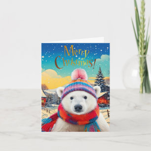 Tarjeta Festiva Oso polar sombrero y bufanda de Santa Feliz Navida