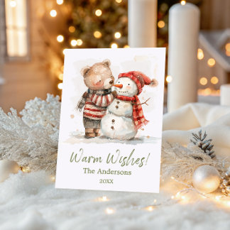 Tarjeta Festiva Oso y muñeco de nieve en acuarela | Deseos Cálidos